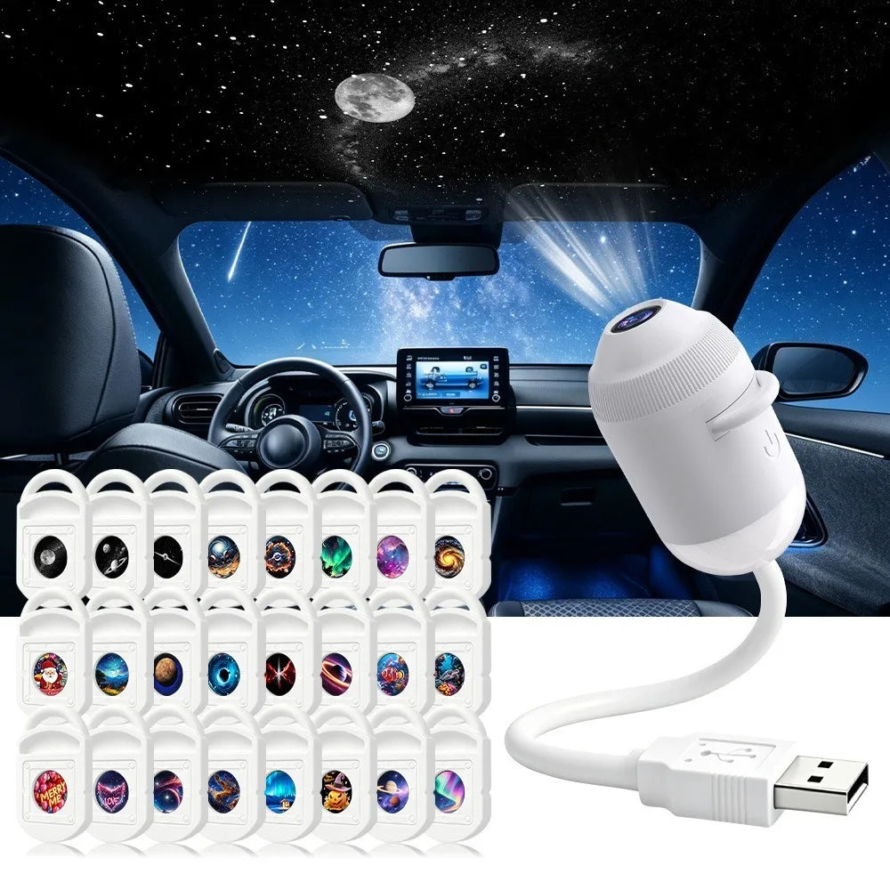  USB Starry Sky Projector Night Light 2 in 1 Galaxy Star Projector Lamp with HD Slides Portable for Bedroom Car Ceiling Decor - Color: 24PCS-1SET